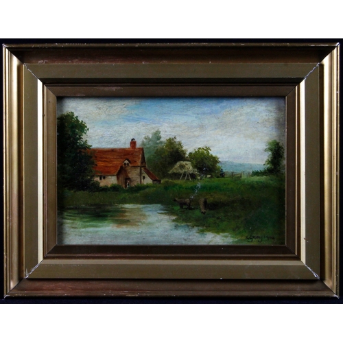 854 - Gray, S. Oil on canvas depicting a rural cottage with sheep by water. Signed lower right and dated 1... 