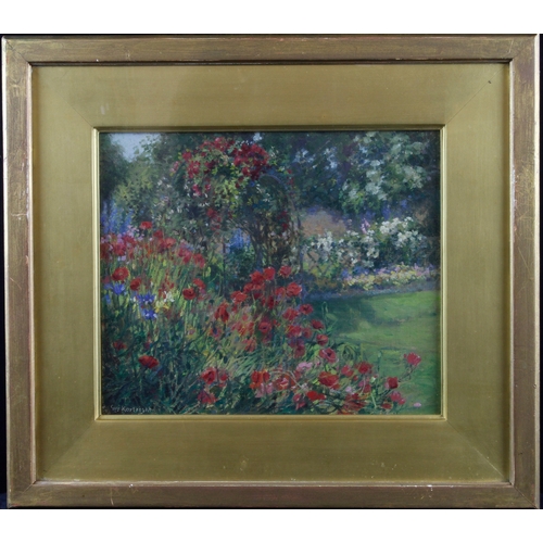 869 - Kortright, Guy (British 1877 - 1948) Oil on canvas board depicting a cottage garden with poppies. Si... 