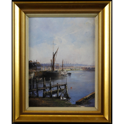 874 - Madgwick, Clive RBA (British 1934-2005) Oil on canvas depicting a barge moored at Ipswich. Signed lo... 