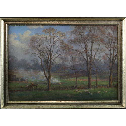 879 - Morgan A. Oil on canvas depicting a rural scene with sheep. Measures aprox 67cm x 47cm. Framed and d... 