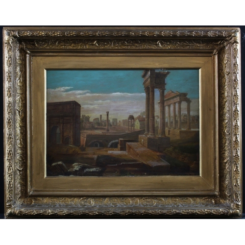 883 - Oil on board, depicting Ancient Rome, contained in an ornate gilt frame, image size 40cm x 27.5cm ap... 