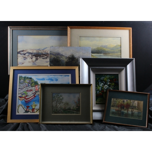 886 - Paintings. Seven various paintings, tapestries, etc., largest frame