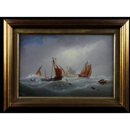 891 - Penny, William Daniel (British 1834-1924) Oil on board depicting sailing vessels in high seas. Signe... 