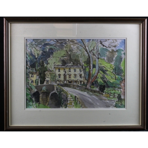 892 - Peter Coate (1926-2016). Watercolour, depicting a grand building with bridge in the foreground, sign... 