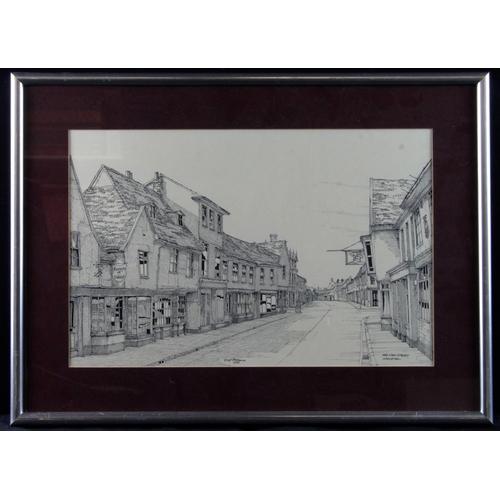 895 - Pleasance, Geoff (British b.1942) Pen & ink illustation titled, The High Street, Hadleigh. Signed an... 