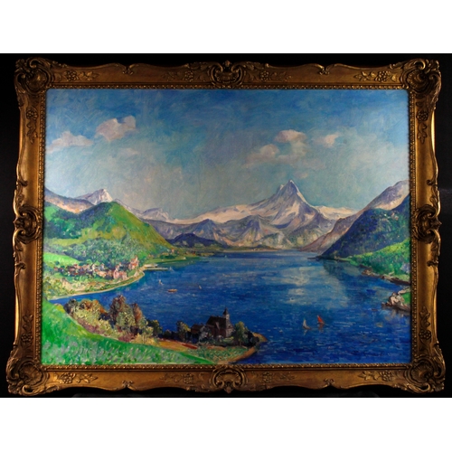 901 - Somerville, Stuart (British 1908-1993) Oil on canvas depicting a lake scene with mountains in the di... 