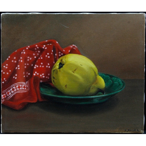 911 - Taber, Jacqueline (British b.1946) Oil on canvas depicting a still life of yellow fruit with red han... 