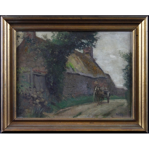 913 - Thorp, William Eric Thorp (British 1901-1993) Oil on panel depicting a man travelling by horse and c... 