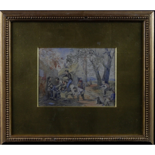 922 - Watercolour depicting a 19th century street scene of a group of boys playfighting. Unsigned. Image m... 