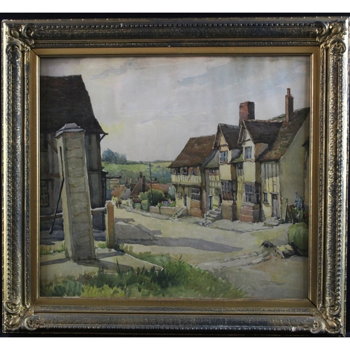 923 - Watercolour, depicting a street scene, with White Horse Inn pub in foreground, artist name obscured ... 