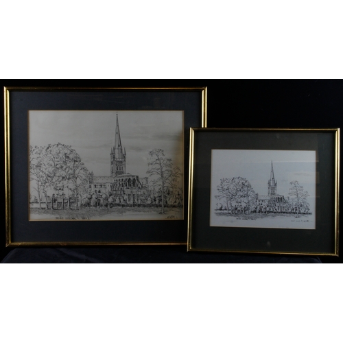 931 - Western, John (British 1914-1996) Pencil & pen drawing of Norwich Cathedral, signed lower right and ... 