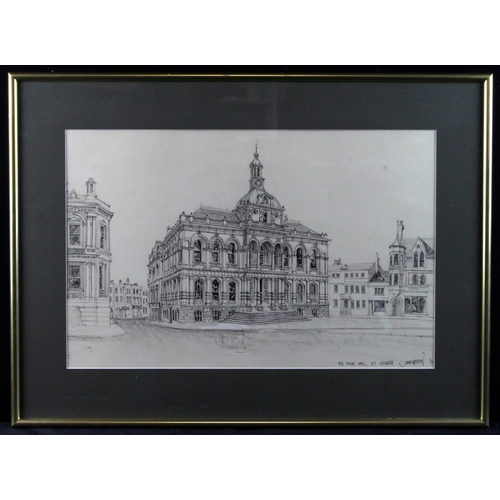 934 - Western, John (British 1914-1996) Pencil & pen drawing titled, The Town Hall at Ipswich. Signed lowe... 