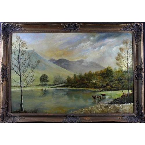 939 - Wilson, A. Oil on board depicting Cattle watering by a mountain lake. Signed A.Wilson lower left. Pa... 