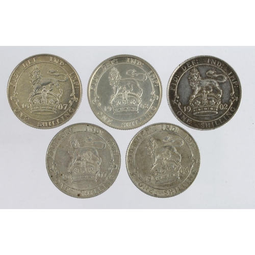 1056 - GB Shillings (5) All Edward VII. 1902 x2, 1906 & 1907 x2. nEF - aUnc (David Fayers Collection)