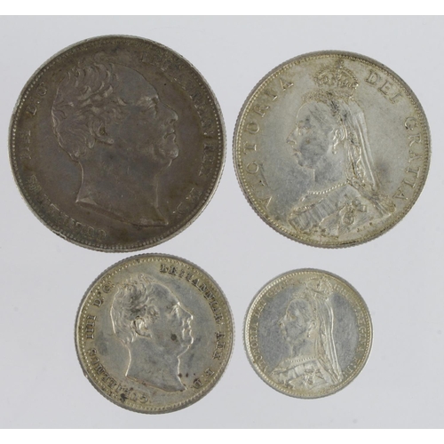 1063 - GB Silver (4): Halfcrown 1834 toned aVF, a few edge nicks, Florin 1887 Jubilee GVF, Shilling 1836 aV... 