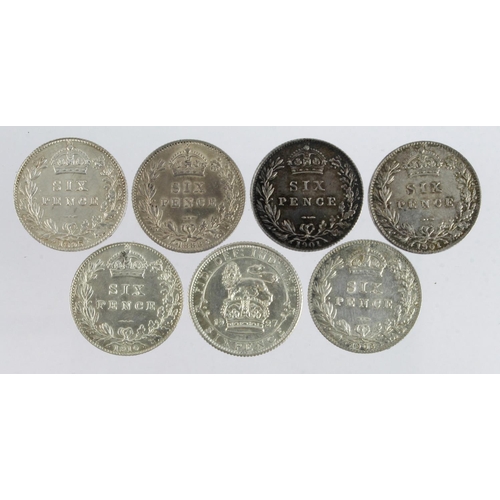 1080 - GB Sixpences (7) 1888, 1895, 1901 x2, 1908, 1910 & 1927. EF - Unc (David Fayers Collection)