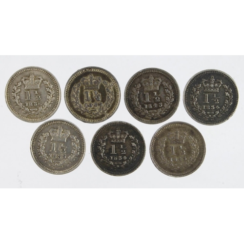 1082 - GB Threehalfpences (7): 1834 VF, ditto nVF, 1835/4 VF, 1836 EF, and 3x 1843 VF (David Fayers Collect... 