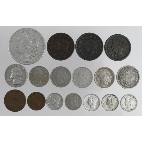 1103 - USA (17) 19th-20thC assortment, noted: Morgan Silver Dollar 1883O AU; Quarter 1853 with rays Fine; N... 