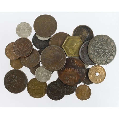 1115 - World copper, bronze, brass and cupro-nickel (26) 18th-20thC assortment including Russia, Iraq, Fran... 