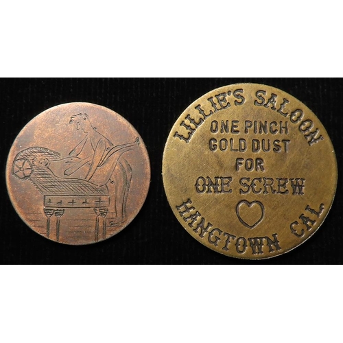 1164 - Brothel Tokens (2): LILLIE'S SALOON ONE PINCH GOLD DUST FOR ONE SCREW HANGTON CAL / GOOD FOR ALL NIG... 