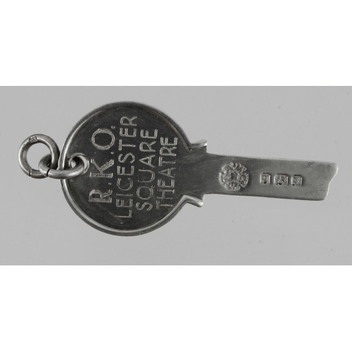 1186 - R.K.O. Leicester Square Theatre silver key shaped Press Pass No. 34 (Not Transferable) hallmarked TA... 