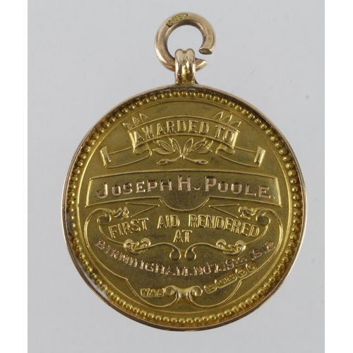 1187 - Railway - 15ct. Gold Midland Railway Ambulance medal hallmarked V&S 15.625 Birm. 1913.  On the back ... 