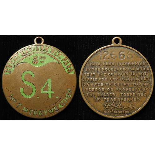 1189 - Railway - Great Eastern Railway Directors (prob) brass & enamel, third class Pass No'd S4 No.12666, ... 