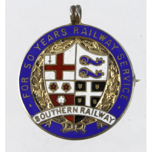 1195 - Railway - Southern Railway silver & enamel 50 years Railway Service medal (brooched) to F. T.C. Andr... 