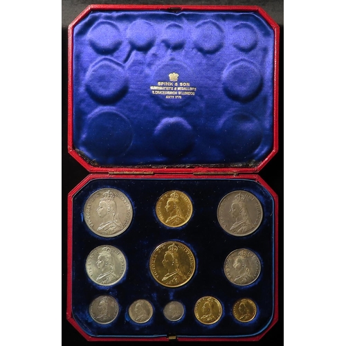 314 - Specimen Set 1887 Jubilee (11 coins) gold £5 to silver Threepence: £5 EF hairlines, £2 EF, Sovereign... 