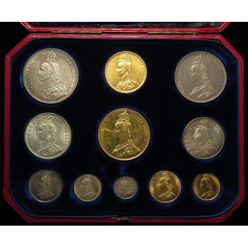 314 - Specimen Set 1887 Jubilee (11 coins) gold £5 to silver Threepence: £5 EF hairlines, £2 EF, Sovereign... 