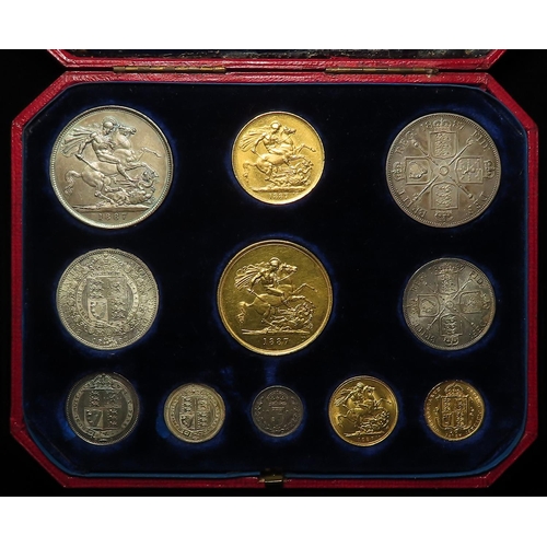 314 - Specimen Set 1887 Jubilee (11 coins) gold £5 to silver Threepence: £5 EF hairlines, £2 EF, Sovereign... 