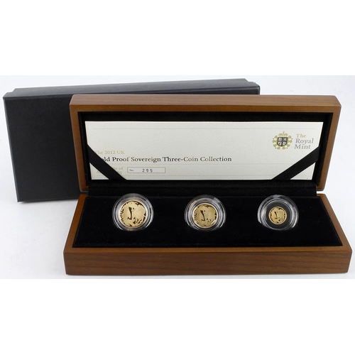 320 - Three coin set 2012. (Sovereign, Half Sov, and Quarter) FDC cased with cert and box.