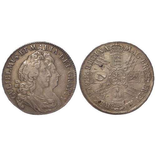 434 - Halfcrown 1693 Qvinto, 3 over inverted 3, S.3436, lightly toned VF, plugged above the bust and re-en... 