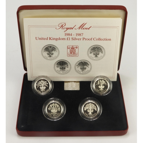 518 - One Pound Silver Proof four coin set 1984 - 1987. FDC cased as issued