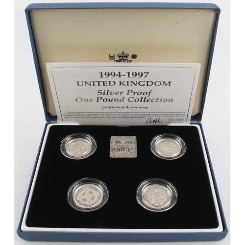 519 - One Pound Silver Proof four coin set 1994 - 1997 aFDC/FDC boxed as issued