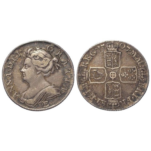 555 - Shilling 1707E (Edinburgh mint) S.3608, toned GF (David Fayers Collection)