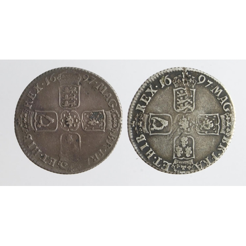 570 - Shillings (2) William III: 1697C (Chester mint) 3rd bust, S.3507, VF, damage or ex-mount 12 o'clock ... 