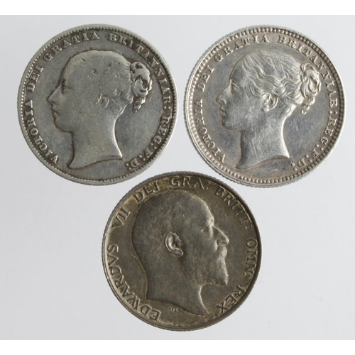 574 - Shillings (3): 1867 dn6 VG, 1875 dn55 GVF hairlines, and 1906 GVF (David Fayers Collection)