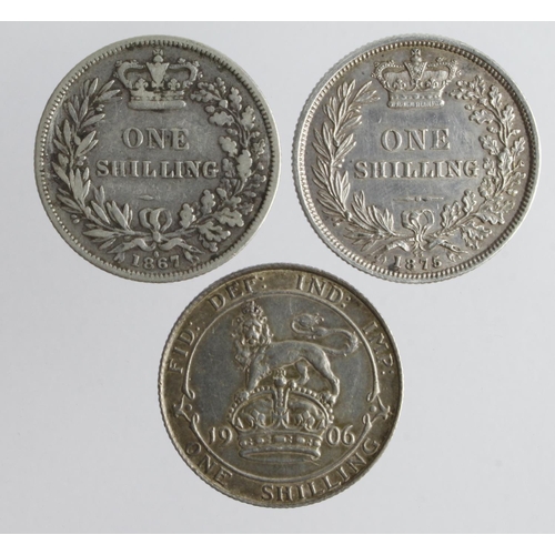 574 - Shillings (3): 1867 dn6 VG, 1875 dn55 GVF hairlines, and 1906 GVF (David Fayers Collection)