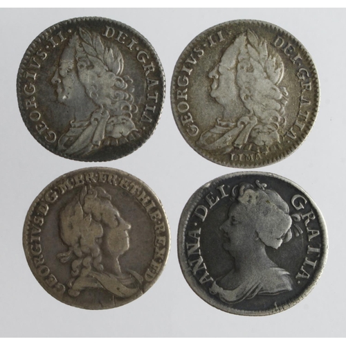 593 - Sixpences (4) early milled: 1711 large lis, bold VG; 1723 SSC VG/F; 1746 LIMA Fine; and 1758 toned n... 