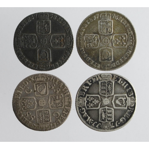 593 - Sixpences (4) early milled: 1711 large lis, bold VG; 1723 SSC VG/F; 1746 LIMA Fine; and 1758 toned n... 