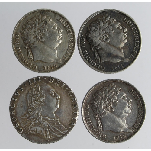 594 - Sixpences (4) George III: 1787 with hearts GVF, 1816 toned nEF, 1819 GF, and 1820 F-GF (David Fayers... 