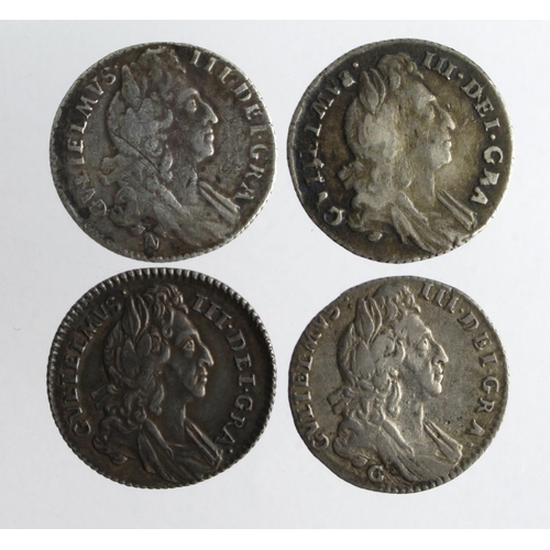 595 - Sixpences (4) William III: 1696 early harp S.3520 toned VF; 1696N (Norwich mint) early harp S.3524 V... 