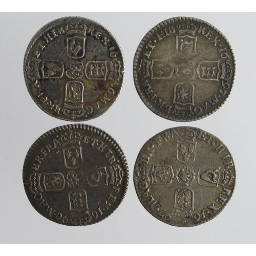 595 - Sixpences (4) William III: 1696 early harp S.3520 toned VF; 1696N (Norwich mint) early harp S.3524 V... 