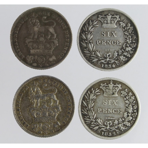 596 - Sixpences (4): 1826 lion VF, ditto GF, 1834 nF, and 1835 nF (David Fayers Collection)