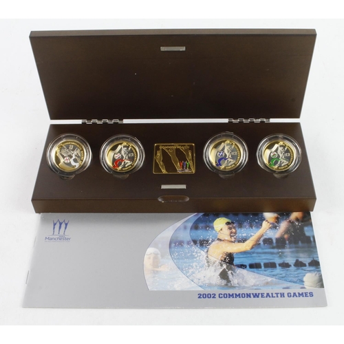 607 - Two Pounds 2002 Commonwealth Games Silver Proof Piedfort four coin set. with coloured reverses aFDC ... 