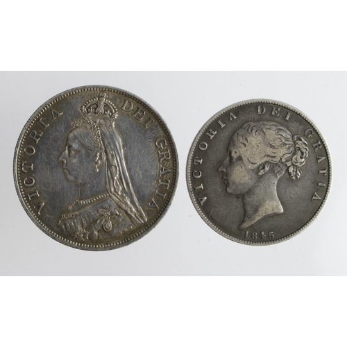 610 - Victorian silver (2): Double-Florin 1888 GVF, and Halfcrown 1845 Fine. (David Fayers Collection)