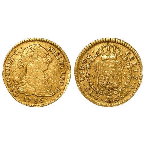 653 - Colombia Escudo 1786 P SF, KM# 48.2a, GF, possibly faint signs on the rim on being ex-mount. Ex Lock... 