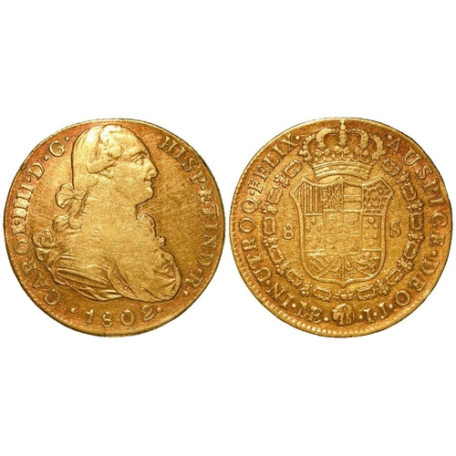 746 - Peru, Spanish colonial gold 8 Escudos 1802 LIMAE IJ, KM# 101, F/GF edge nick. Ex Lockdlaes A73 Lot 4... 