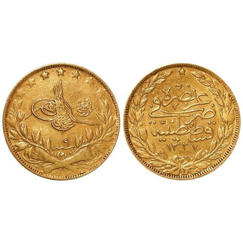 780 - Turkey gold 100 Kurusk AH 1327 // 9 (1917), KM# 776 GF (0.2128 oz AGW). Ex Lockdales A84 Lot 313